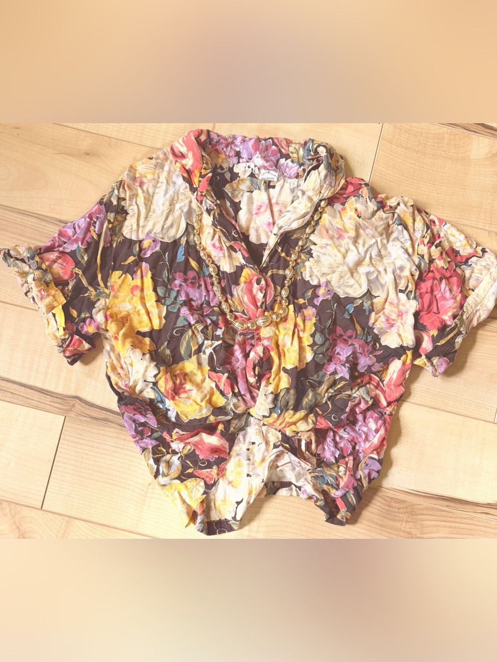 Vintage botanical floral rayon short sleeve button up blouse - L
